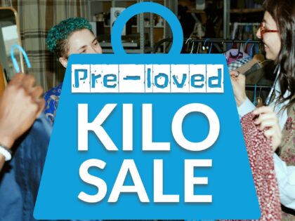 blue weight with words saying pre loved kilo sale on top of an image of three people holding rails of clothes and smiling at each other